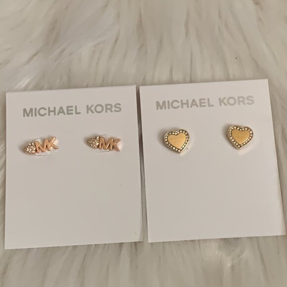 MICHAEL KORS Halo Hearts & Pave Heart Logo Stud Earrings (2) PAIRS SET - Picture 1 of 3